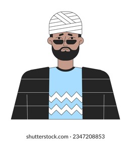 Sad african american man with wrapped head flat line color vector character. Editable outline half body of traumed man on white. Healthcare simple cartoon spot illustration for web graphic design