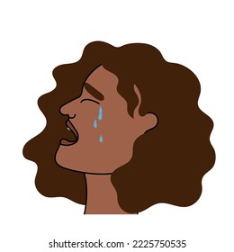 Sad African American woman cries with pain and grief. Sobbing girl flat character sheds tears, expresses the emotions of misfortune and despair . Isolated. Vector illustration.