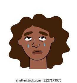 Sad african american woman cries with pain and grief. Sobbing girl flat character sheds tears, expresses the emotions of misfortune and despair. Isolated. Vector illustration.
