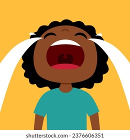 Sad african boy crying wide open mouth in flat design.