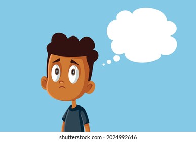 Sad African Boy with Thinking Bubble Vector Illustration. Upset child reflecting about his insecurities, sorrow, and negative feelings
