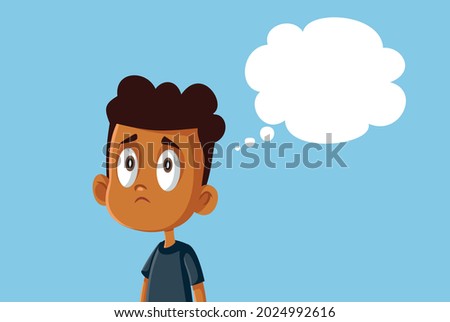 Sad African Boy with Thinking Bubble Vector Illustration. Upset child reflecting about his insecurities, sorrow, and negative feelings
