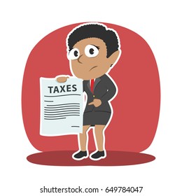 sad african businesswoman showing tax paper