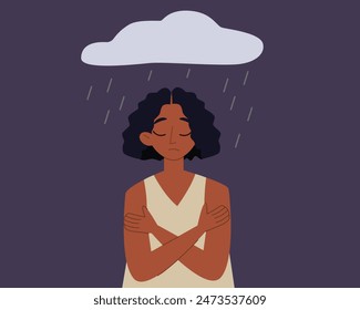 Sad African female with a rain cloud over her head. Woman feels anxiety and emotional stress. Depressed black girl with mental health issues.  Psychological problem concept. Vector illustration