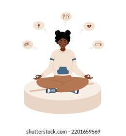 Sad african girl is sitting on large pill. Depression drugs. Unhappy woman needs medical help. Psychological illness concept. Vector illustration in flat cartoon style.