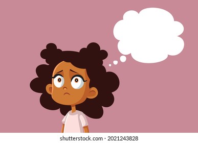 Sad African Girl with Thinking Bubble Vector Illustration. Upset child reflecting about her insecurities, sorrow, and negative feelings
