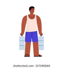 Sad African man holds water bottles, water scarcity concept - flat vector illustration isolated on white background. Thirsty character with plastic containers of drinking water.