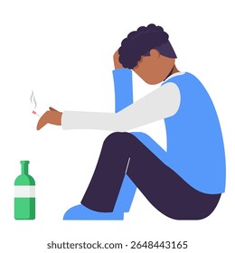 Sad african man sit on the floor with smooking and drinking wine. Social issue, Alcohol Addiction. Booze concept. flat cartoon style.