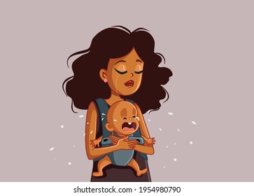 Sad African Mother Holding Crying Baby Vector Illustration. Afro American mom suffering postpartum depression carrying upset baby in tears.
