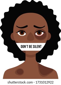 Sad african woman with bruises and wounds with a closed mouth on a white background.Concept of domestic violence, sexual abuse in the family, bullying, silence and fear .Vector cartoon illustration