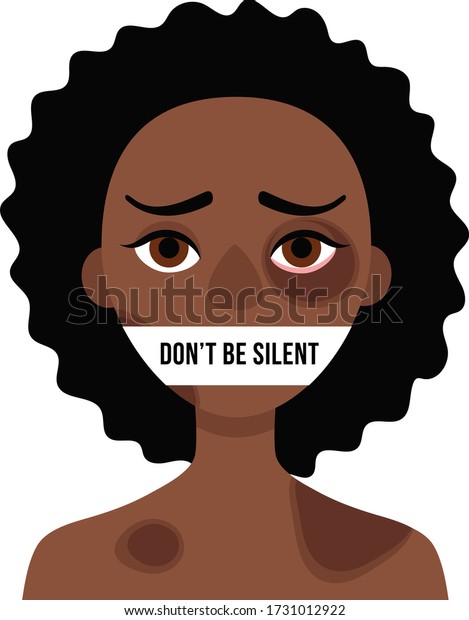 白い背景に切り口を持つ傷と傷を持つ悲しいアフリカの女性 家庭内暴力 家庭での性的虐待 いじめ 沈黙 恐怖のコンセプト ベクターイラスト のベクター画像素材 ロイヤリティフリー