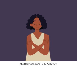 Triste mujer africana abrazándose a sí misma. Ansiedad, estrés, depresión, soledad, salud mental. Ilustración vectorial de dibujos animados estilo plano