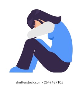sad african woman insecure flat design illustration. sit on the floor and hugging her knees. mental pressure concept