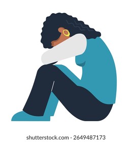 sad african woman insecure flat design illustration. sit on the floor and hugging her knees. mental pressure concept