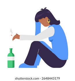 Sad african woman sit on the floor with smooking and drinking wine. Social issue, Alcohol Addiction. Booze concept. flat cartoon style.