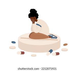 Triste mujer africana sentada en una píldora grande. Concepto de trastornos mentales. Antidepresivos, vitaminas y medicamentos hormonales. Un adolescente deprimido necesita atención médica. Ilustración vectorial al estilo de las caricaturas planas.