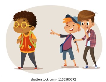 Sad African-American Boy Wearing Glasses Going Through School. School Boys Laughing And Pointing At The Obese Boy. Body Shaming, Fat Shaming. Bulling At School. Vector Illustration. Isolated