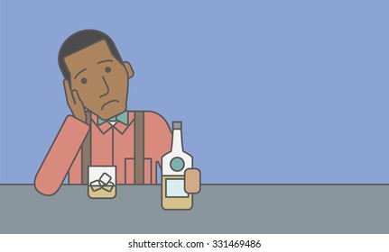 Un hombre afroamericano triste sentado en la mesa con una botella y un vaso. Ilustración de diseño de línea de vector. Diseño horizontal con un espacio de texto para un post en medios sociales.
