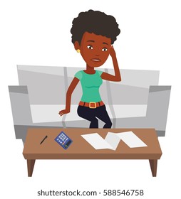 Sad african-american woman calculating home bills. Woman accounting costs and mortgage for paying home bills. Woman analyzing home bills. Vector flat design illustration isolated on white background.