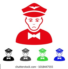 Sad Airline Steward vector pictograph. Vector illustration style is a flat iconic airline steward symbol with gray, black, blue, red, green color variants. Face has pitiful expression.