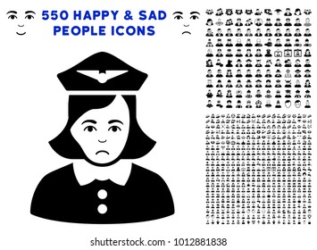 Sad Airline Stewardess icon with 550 bonus pity and happy men design elements. Vector illustration style is flat black iconic symbols.