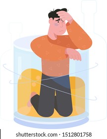 Sad alcoholic man character stands in a glass of whiskey. Concept of alcohol addicted, problem dependence bad habit. Vector illustration in flat style