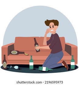 Sad alcoholic man, person having hangover and having problems with alcoholism, alcohol addiction concept.