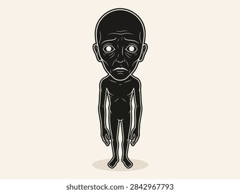 A sad alien creature with a large head and small body stands still, expressing deep sorrow and despair.