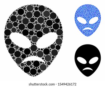 Sad alien head mosaic of circle elements in various sizes and color tones, based on sad alien head icon. Vector circle elements are grouped into blue collage.