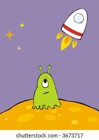 a sad alien watching a rocket in the sky