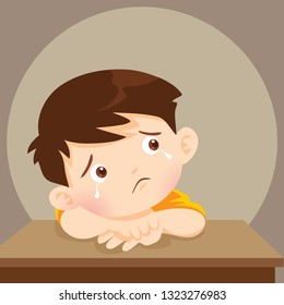  sad alone child wants to embrace.Depressed boy looking lonely.Illustration of a sad child, helpless, bullying.boy feeling guilty 