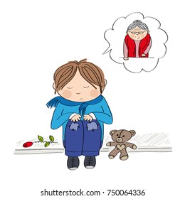 Sad and alone little boy sitting on the pavement, crying and remembering his granny he has lost - original hand drawn illustration