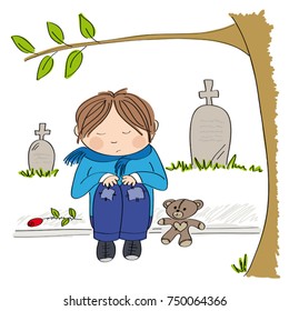 Sad and alone little boy sitting on the pavement in front of the graveyard, crying and remembering someone he has lost - original hand drawn illustration