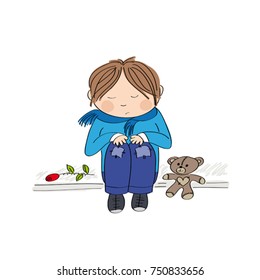 Sad and alone little boy sitting on the pavement, crying and remembering someone he has lost - original hand drawn illustration