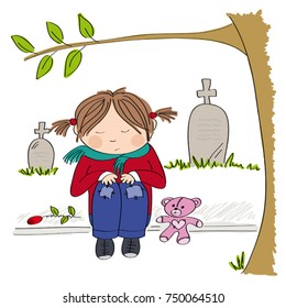 Sad and alone little girl sitting on the pavement in front of the graveyard, crying and remembering someone she has lost - original hand drawn illustration