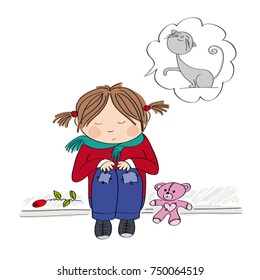 Sad and alone little girl sitting on the pavement, crying and remembering a cat she has lost - original hand drawn illustration
