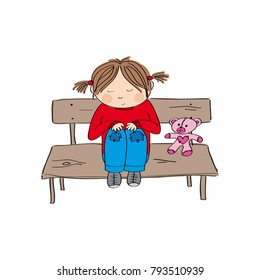 Sad and alone little girl sitting on the bench - original hand drawn illustration