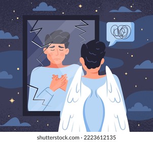 Sad angel concept. Man with wings stands in front of broken mirror. Mental health and psychological problems. Depression and frustration, sorrow. Poster or banner. Cartoon flat vector illustration