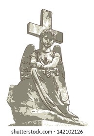 Sad angel and cross. Vector illustration.