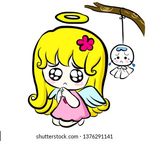 Sad angel girl with rain doll