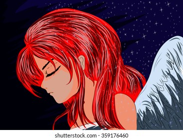 Sad angel. Illustration of a sad angel with red hair in a cartoon style