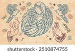 Sad Angel. Paradise and Hell art. Holy nun. Hands prayer, dove. Sin and holiness. Old paper vector. Cover page template. Art background. Medieval manuscript style. Symbol of christianity