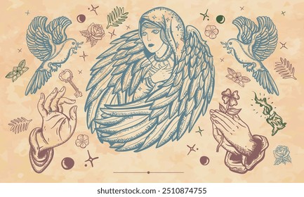 Sad Angel. Paradise and Hell art. Holy nun. Hands prayer, dove. Sin and holiness. Old paper vector. Cover page template. Art background. Medieval manuscript style. Symbol of christianity