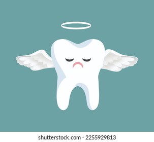 
Sad Angel Tooth Extracted by the Dentist Vector Concept Illustration. Unhappy milk tooth falling off in a painful way
