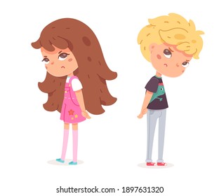 Sad angry boy and girl standing. Frustrated children with dislike face expressions. Negative emotion and distress vector illustration. Cute little kids in bad mood on white background.