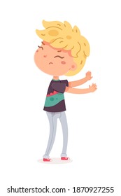 Sad angry boy standing and fighting. Frustrated child with dislike face expression. Negative emotion and distress vector illustration. Cute little kid in bad mood on white background.