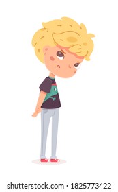 Sad angry boy standing. Frustrated child with dislike face expression. Negative emotion and distress vector illustration. Cute little kid in bad mood on white background.