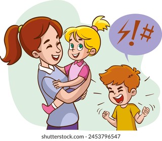 Sad and angry child looking at his mother holding her baby. child is jealous of his mother flat vector illustration. Sibling rivalry concept for family relationship, banner, website design or landing 