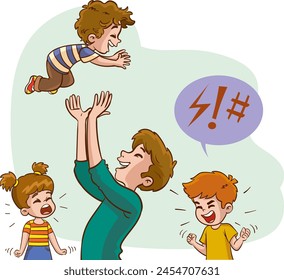 Sad and angry child looking at his mother holding her baby. child is jealous of his mother flat vector illustration. Sibling rivalry concept for family relationship, banner, website design or landing 