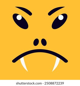 Sad angry emoji monster face with mouth and two teeth. Yellow emoticon monster face for Halloween poster. Vector illustration